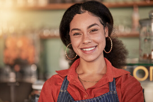 Face Portrait, Cafe Waiter And Black Woman Ready To Take Orders. Coffee Shop, Barista And Confident, Happy And Proud Young Female Employee From Brazil, Worker Or Small Business Owner Of Cafeteria.