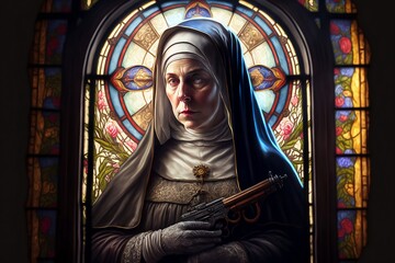 Stained Glass Window of Holy Nun Holding a Gun
