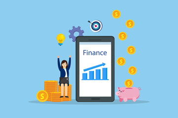 Businesswoman getting passive income from mobile phone application while sitting on a stack of coins