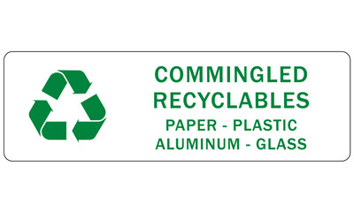 Recycle sign and labels  glass bottle jars recycling commingled recyclables paper, plastic, aluminum, glass