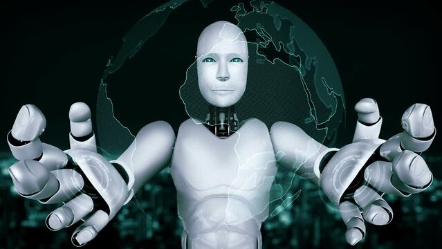 Futuristic robot artificial intelligence huminoid AI programming coding technology development and machine learning concept. Robotic bionic science research for future of human life. 3D rendering.