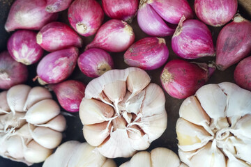 Shallot and Garlic in Brown Bowl with close up and flat lay view