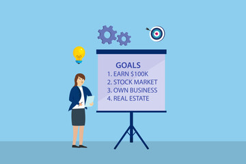 Businesswoman with business goals list on the whiteboard