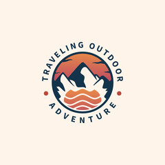 mountain, sea wave and sun vintage logo design for traveling outdoor adventure