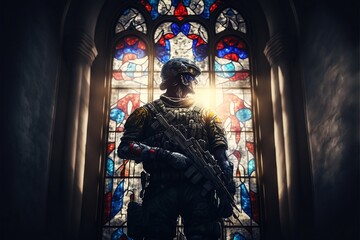 Stained Glass Window of Modern Soldier Holding Weapon Gun