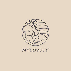 my lovely mom and son line art style vector illustration with baby love woman concept for nursing lactating logo