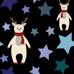 Vector seamless pattern with small deer and stars.