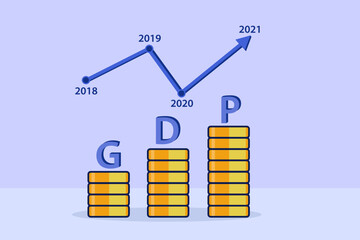 Graph of GDP business year by year with stacks of coin