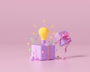A gift box opens with a yellow light bulb. Discrimination concept, new beginning, great idea creative concept On a pink background. 3D illustration.