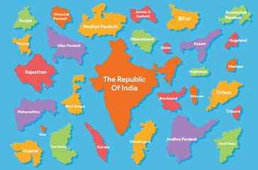 Vector map of India. States and union territories of India. India political map. India map with separate states.