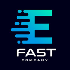 Modern Fast letter E vector logo. This font with speed or moving symbol and blue color. Suitable for motion, sport, delivery business and alphabet.