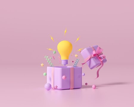 A gift box opens with a yellow light bulb. Discrimination concept, new beginning, great idea creative concept On a pink background. 3D illustration.