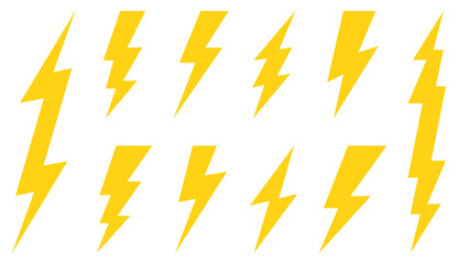 Set of 10 yellow Lightning flat icons. Thunderbolts icons isolated on white background. Vector illustration