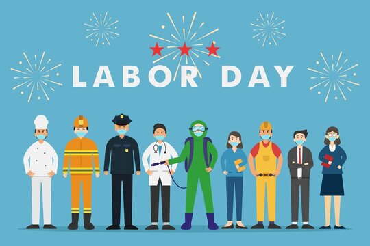 Happy Labor Day. Various occupations people standing with fireworks and stars