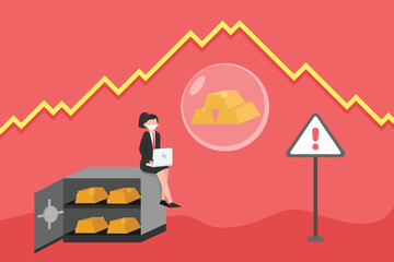 Businesswoman with gold bullions in bubble