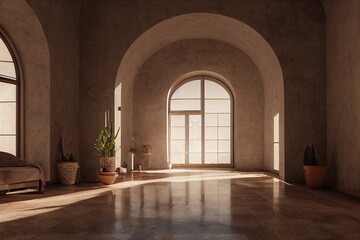 Modern Spanish style interior entryway foyer with morning light plants at dawn Made with Generative Ai