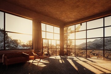 Luxurious cozy mid century modern Spanish style interior living space southwest inspired with large floor to ceiling windows mountain views at golden hour minimal furniture Made with Generative Ai