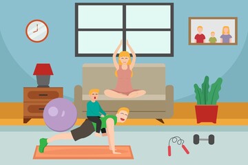 Happy family doing exercise at home