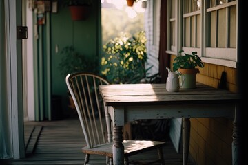 Empty wooden table at house porch at lovely evening perfect for background design or photography, generative ai