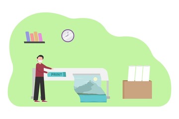 Male printing operator using a large printer machine