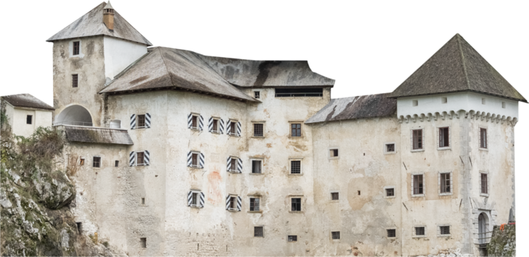 Isolated PNG cutout of a medieval building on a transparent background, ideal for photobashing, matte-painting, concept art