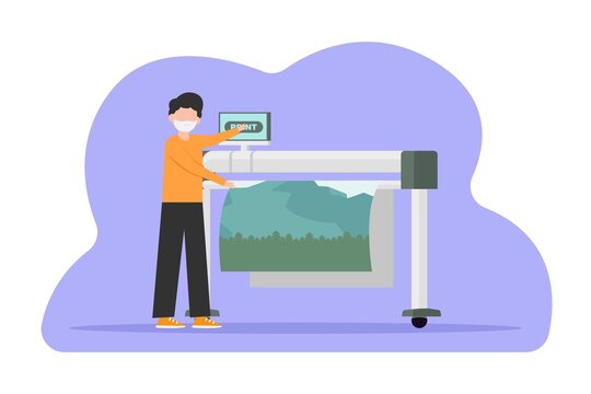 Digital printing concept. Man using a digital printer on large format color plotter