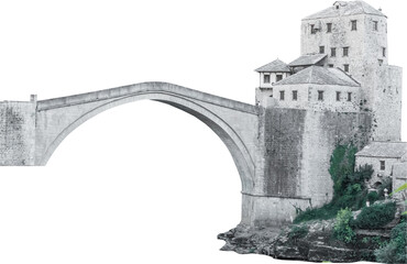 Isolated PNG cutout of a medieval stone bridge on a transparent background, ideal for photobashing, matte-painting, concept art