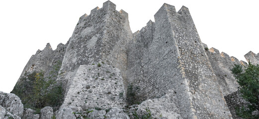 Isolated PNG cutout of medieval castle ruins on a transparent background, ideal for photobashing, matte-painting, concept art