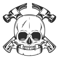 Builder crossed hammers from new construction and remodeling house business with skull and ribbon in monochrome vintage style illustration