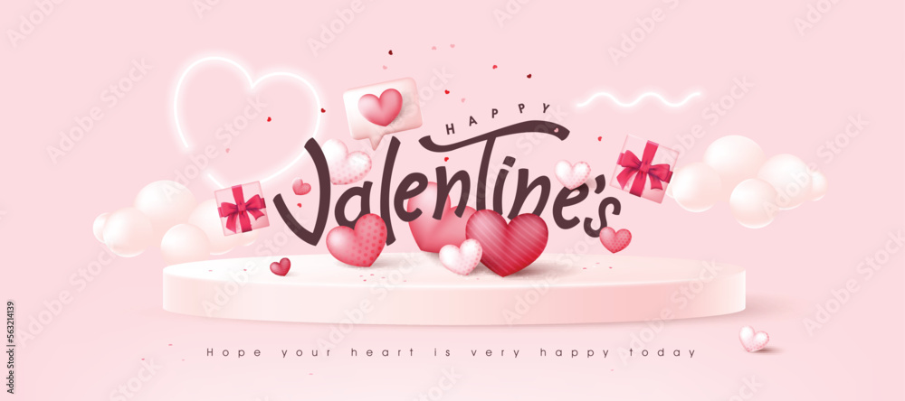 Wall mural valentines day background with heart shaped balloons and text design on podium display