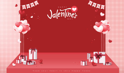  Valentine's day sale poster or banner backgroud with gift box and heart on stage