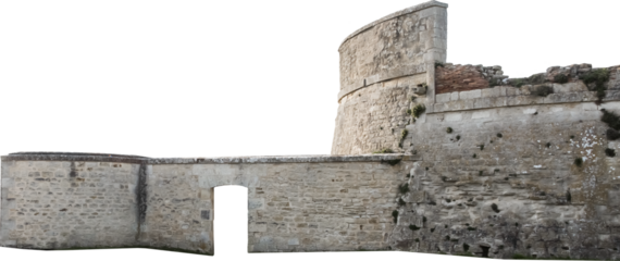 Isolated PNG cutout of a fortified medieval building on a transparent background, ideal for photobashing, matte-painting, concept art