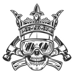 Business builder crossed hammers from new construction and remodeling house with half skull in royal crown and safety glasses illustration