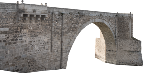 Isolated PNG cutout of a medieval bridge leading to a huge gate on a transparent background, ideal for photobashing, matte-painting, concept art