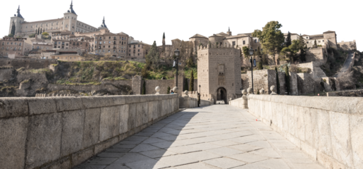 Isolated PNG cutout of a medieval bridge leading to a huge gate on a transparent background, ideal for photobashing, matte-painting, concept art