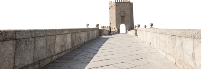 Isolated PNG cutout of a medieval bridge leading to a huge gate on a transparent background, ideal for photobashing, matte-painting, concept art