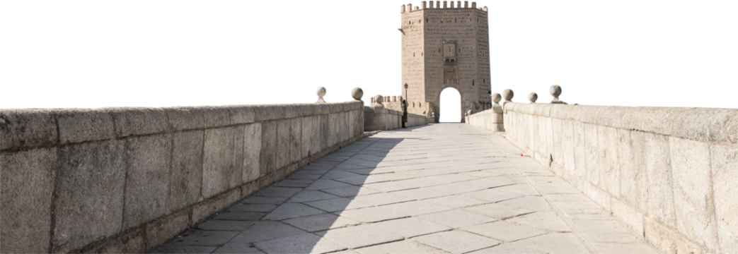 Isolated PNG cutout of a medieval bridge leading to a huge gate on a transparent background, ideal for photobashing, matte-painting, concept art