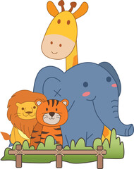 Obraz na płótnie Canvas cute cartoon wild animals with elephants, giraffes, lions, tigers
