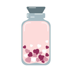 Flat illustration with a glass jar and hearts. Element for romantic design for Valentines Day