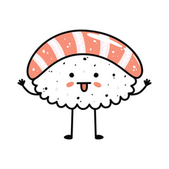 Kawaii sushi mascot in cartoon style. Cute nigiri with salmon for menu