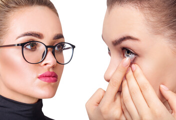 Young woman choose between contact lenses and glasses.