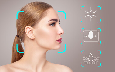 Infographic elements shows cleansing effect on beautiful female face.