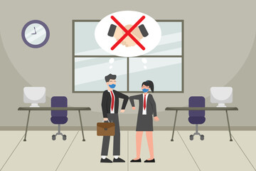 Young businessman and woman doing greeting elbow bump