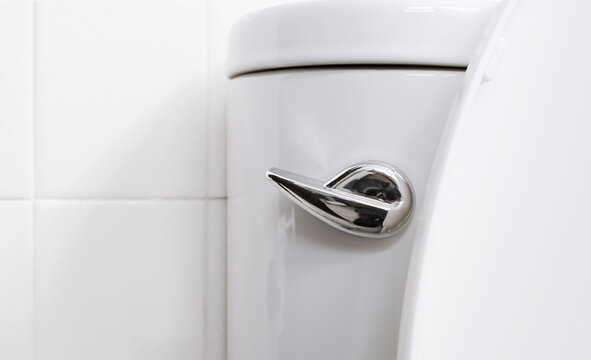 Handle of flush toilet. Press for cleaning and hygiene. Concept of flushing away something.