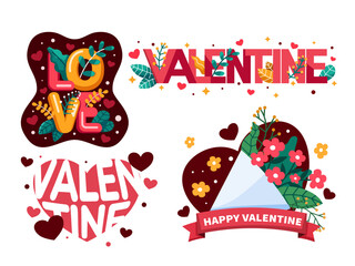Valentine's Day Text Label Design Set Collection.
Happy Valentine Set Element.
Suitable for greeting card, banner, poster, animation, invitation template, title, etc