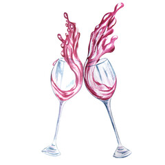 Watercolor composition of glasses of red wine on a white background. Handmade. Raster Can be used in product advertising, postcards, napkins, compositions.