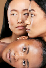 Diversity, skincare portrait and woman support for cosmetics dermatology, facial wellness and care...
