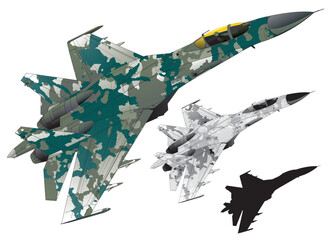 Green and gray camouflageed sukhoi SU-35 jet fighter plane illustration (wire frame and black silhouette set) - obrazy, fototapety, plakaty