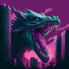 Massive Nightmare Dragon in Front of Pink City Vaporwave Style Japanese Anime