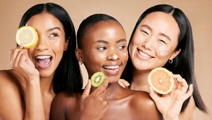 Face, fruits and women in portrait with cream for facial care, beauty and natural cosmetics isolated on studio background. Sunscreen, vegan and different skin with skincare, moisturizer and playful